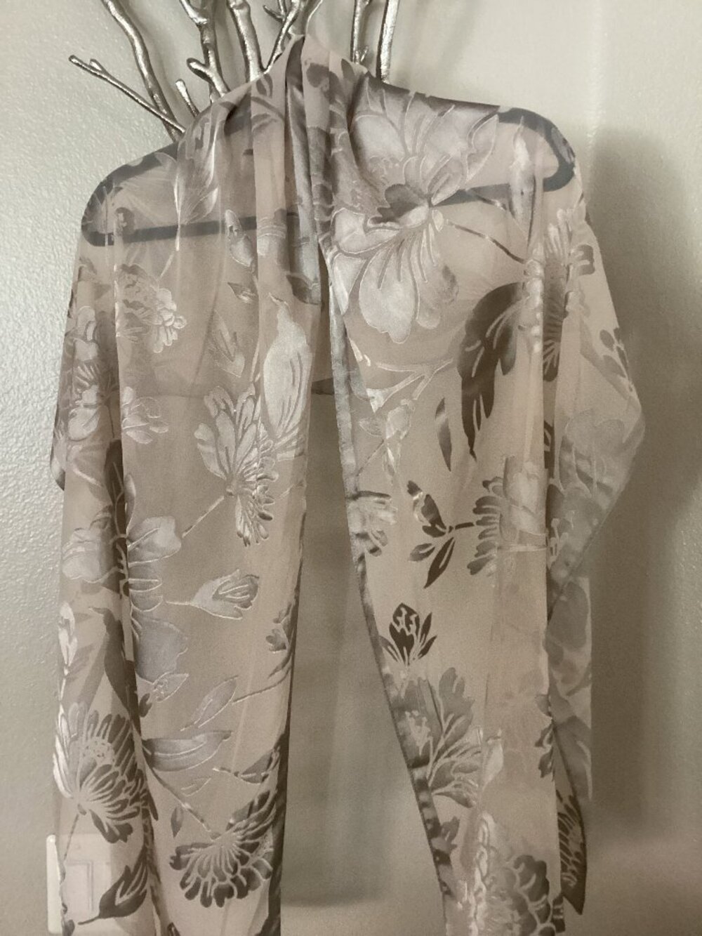 Tan, beige flowered shawl, scarf, 72" x 21"